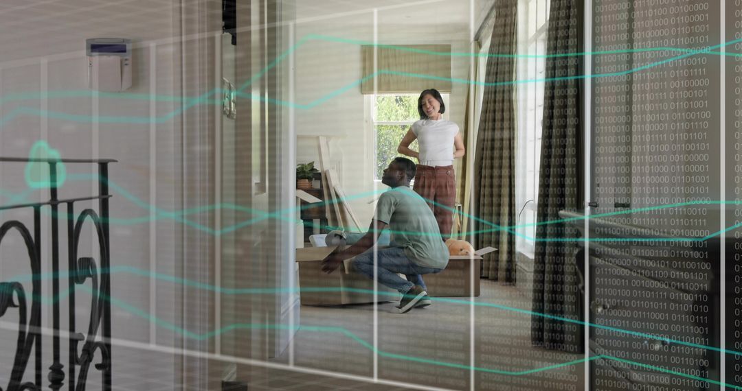 Couple assembling furniture in modern living room with augmented reality binary overlay