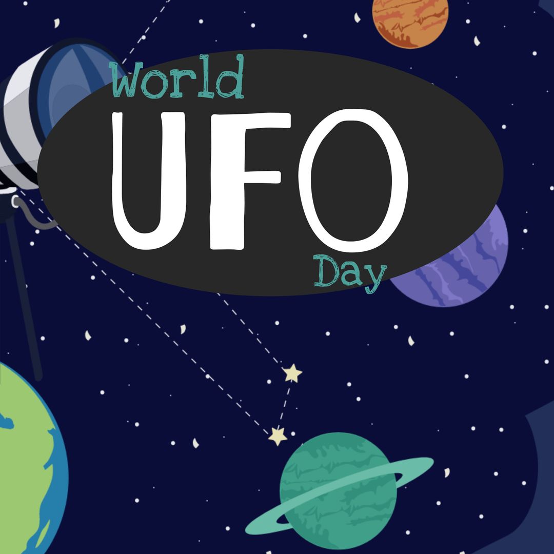 World UFO Day Celestial Design with Planets and Galaxy