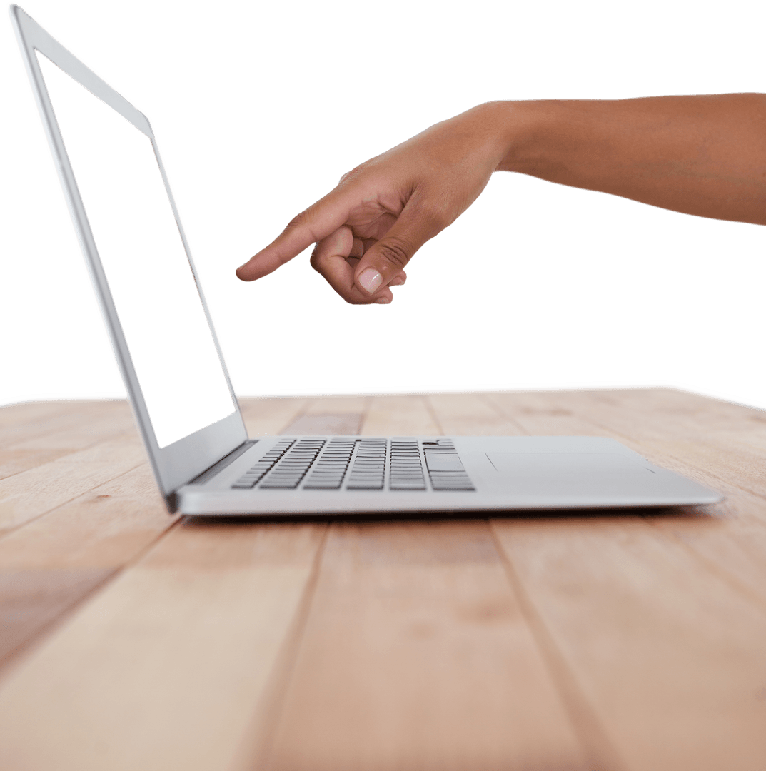 Transparent Hand Pointing at Laptop Screen on Wooden Table
