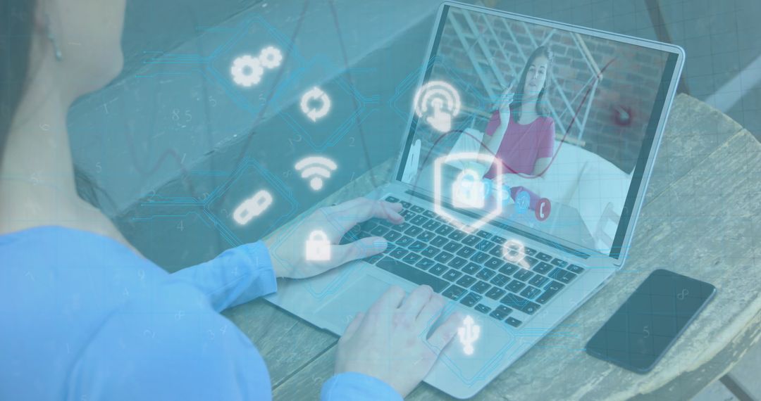 Woman Attending Virtual Meeting with Digital Security Graphics Overlay