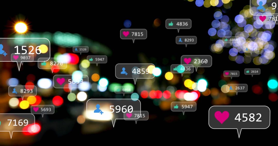 Social Media Engagement Icons Floating Over Blurred Cityscape