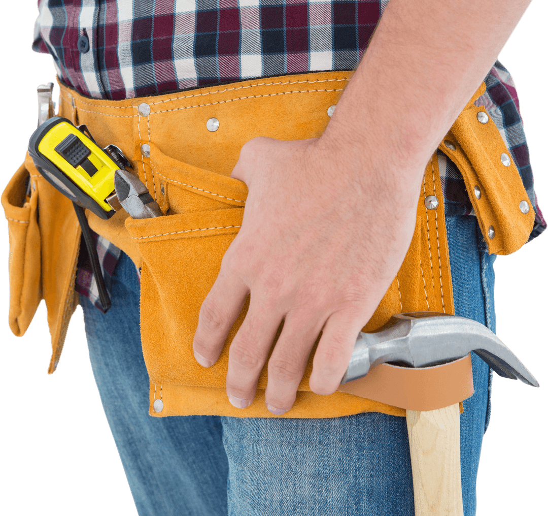Close-up of Repairman Wearing Tan Tool Belt with Red Plaid Shirt