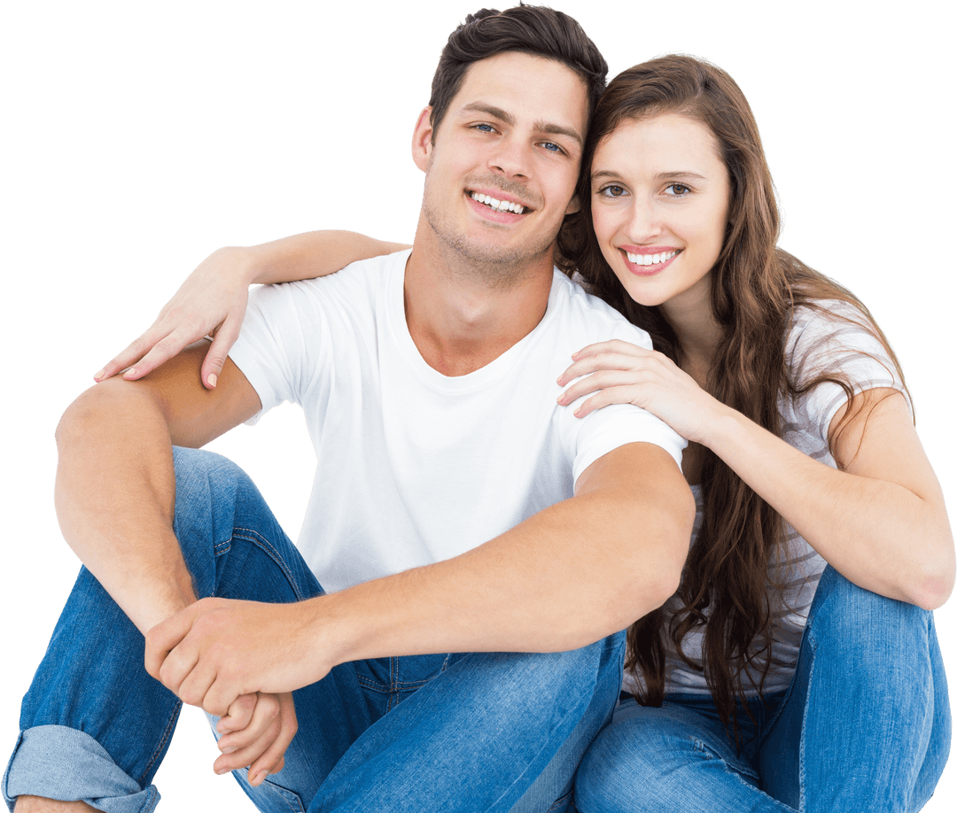 Happy Couple Sitting on Floor with Transparent Background