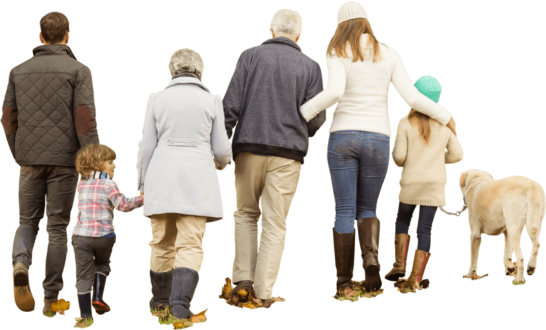 Transparent Family Walking With Dog in Casual Outfits