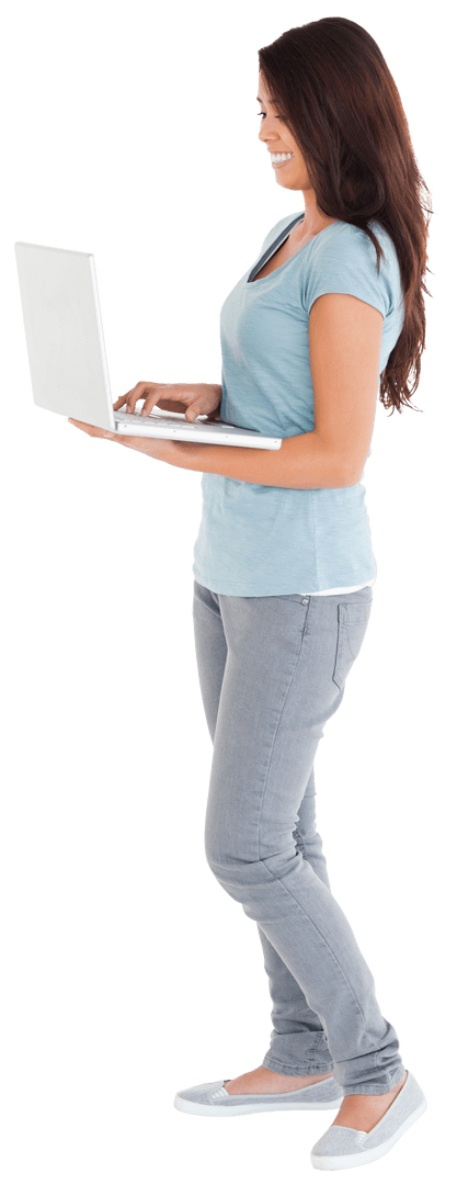 Happy Biracial Woman Using Laptop with Transparent Background