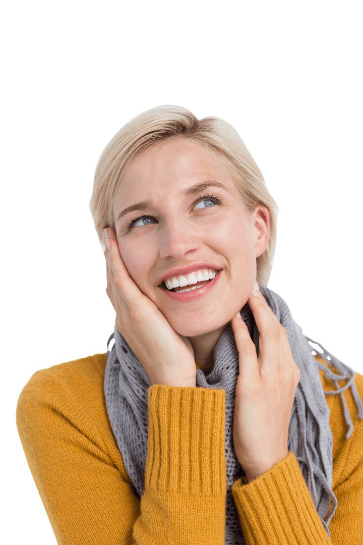 Smiling Woman in Wraparound Scarf on Transparent Background