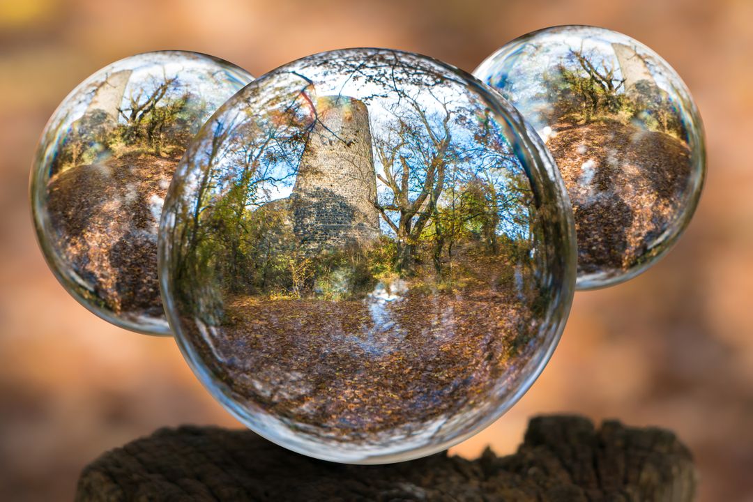 Forest Tower Reflected in Glass Spheres on Wooden Stump - Free Images, Stock Photos and Pictures on Pikwizard.com