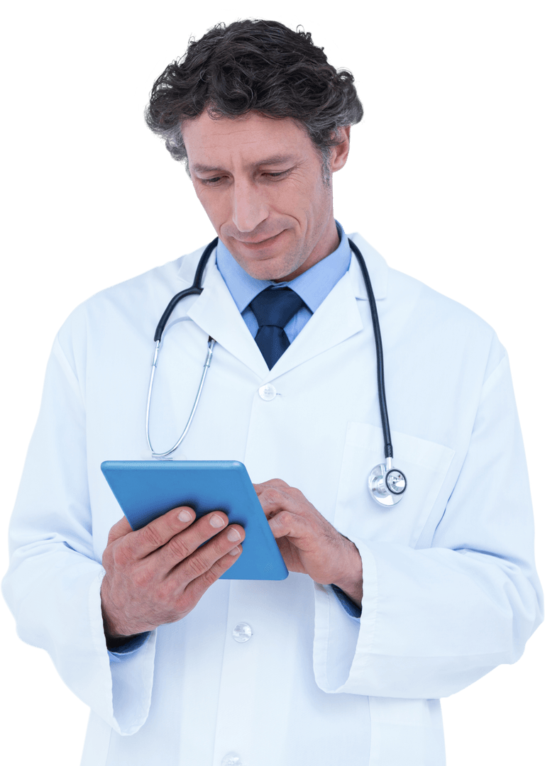 Transparent Doctor Reviewing Digital Tablet with Concentration