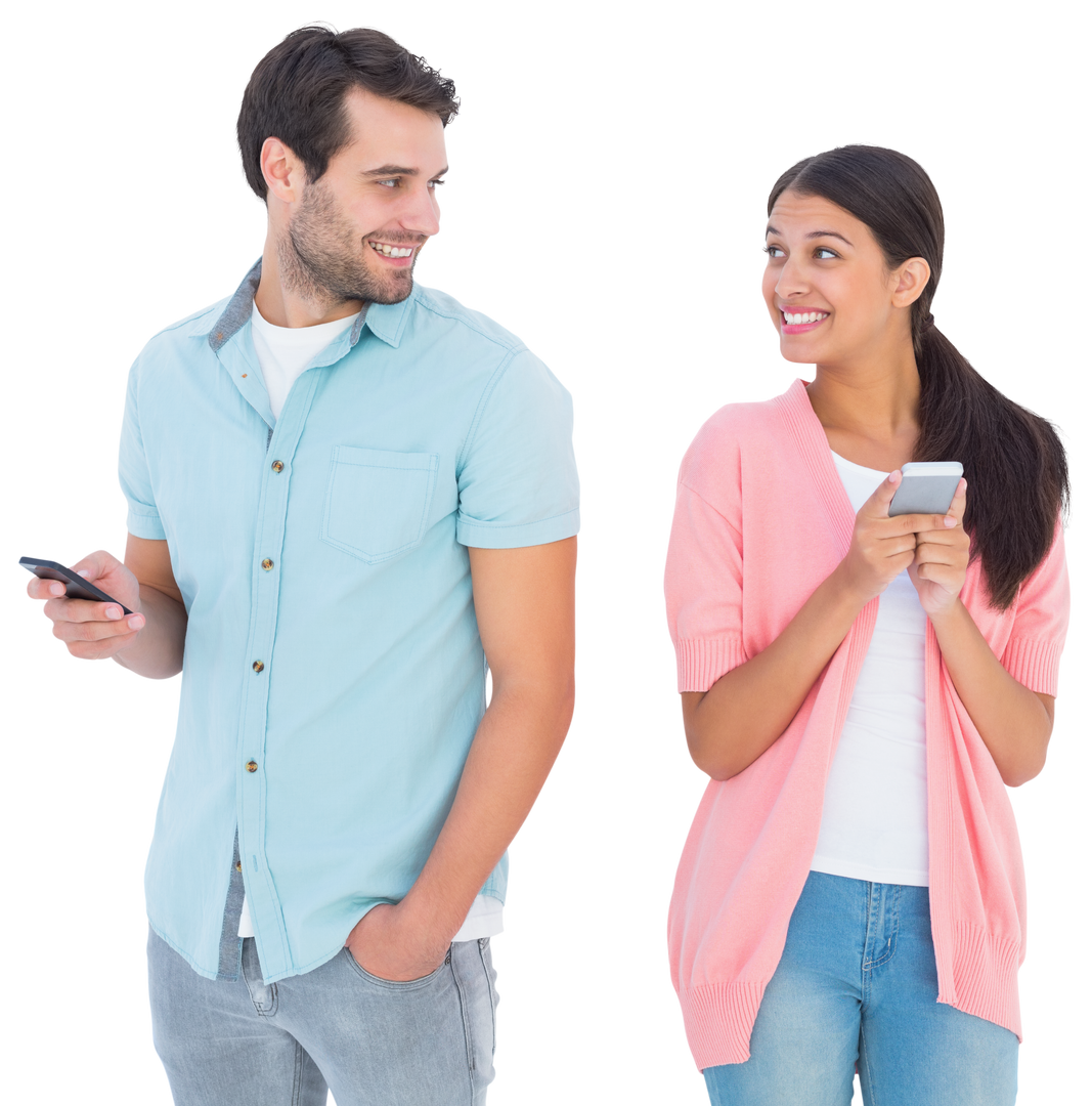 Happy Couple Engaging on Transparent Background with Smartphones - Download Free Stock Images Pikwizard.com