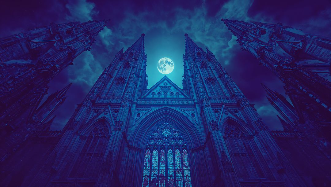 Moonlit Gothic Cathedral with Dramatic Spires and Mystical Clouds
