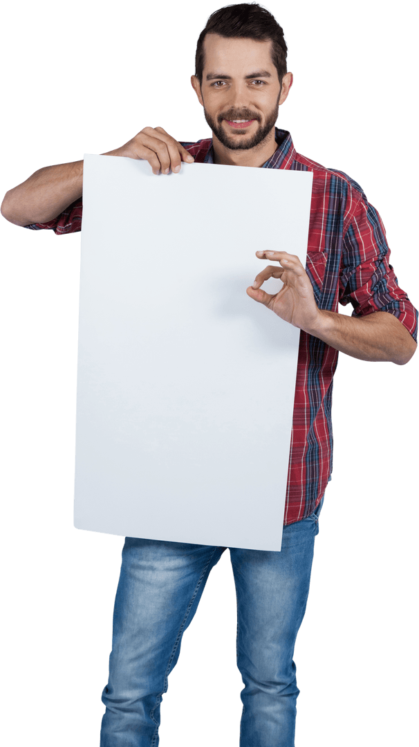 Transparent Background Happy Man Holding Blank Cardboard
