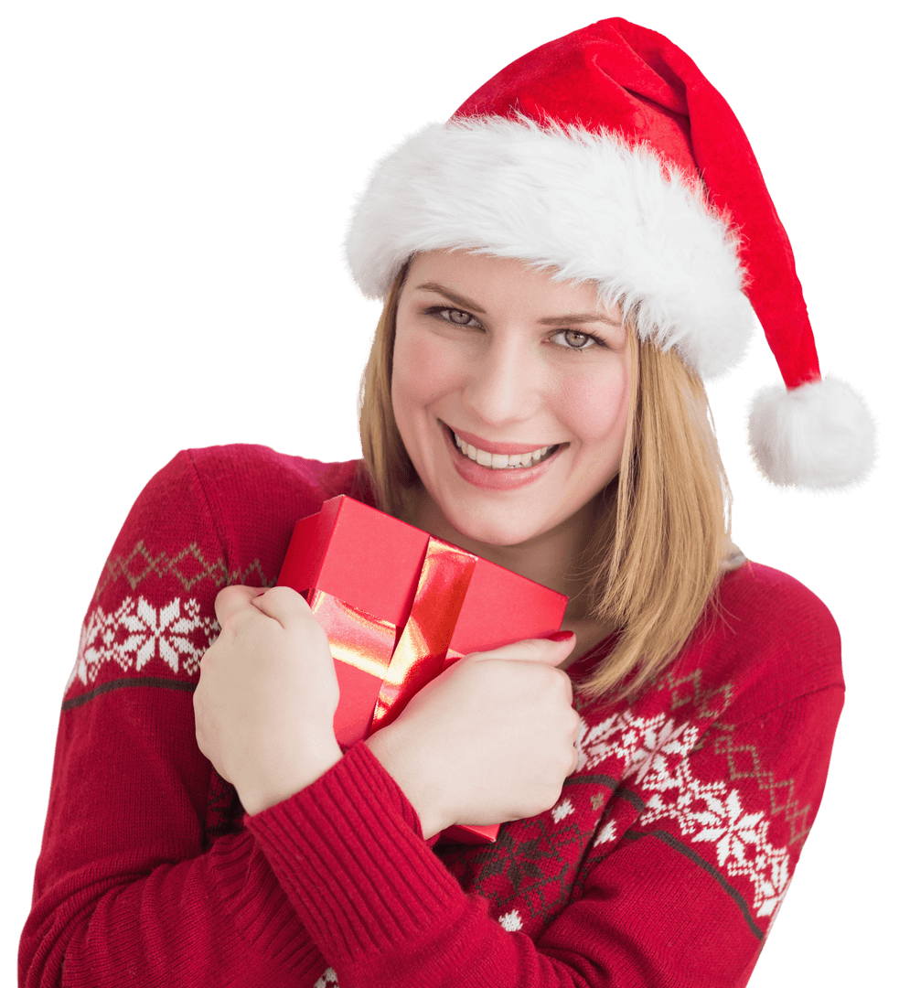 Happy Woman in Santa Hat Hugging Christmas Gift with Transparent Background