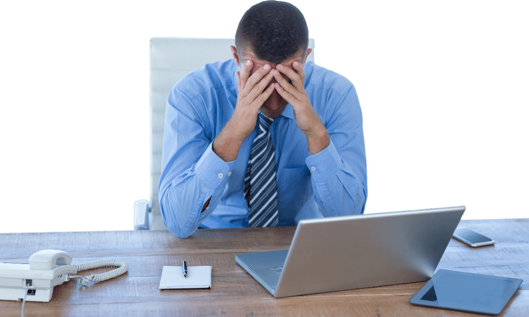 Transparent Businessman Holding Head in Distress in Office