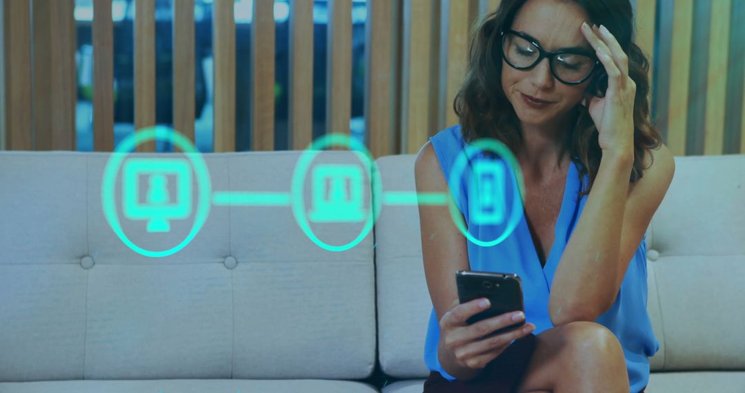 Connected World: Woman Using Smartphone and Digital Interface