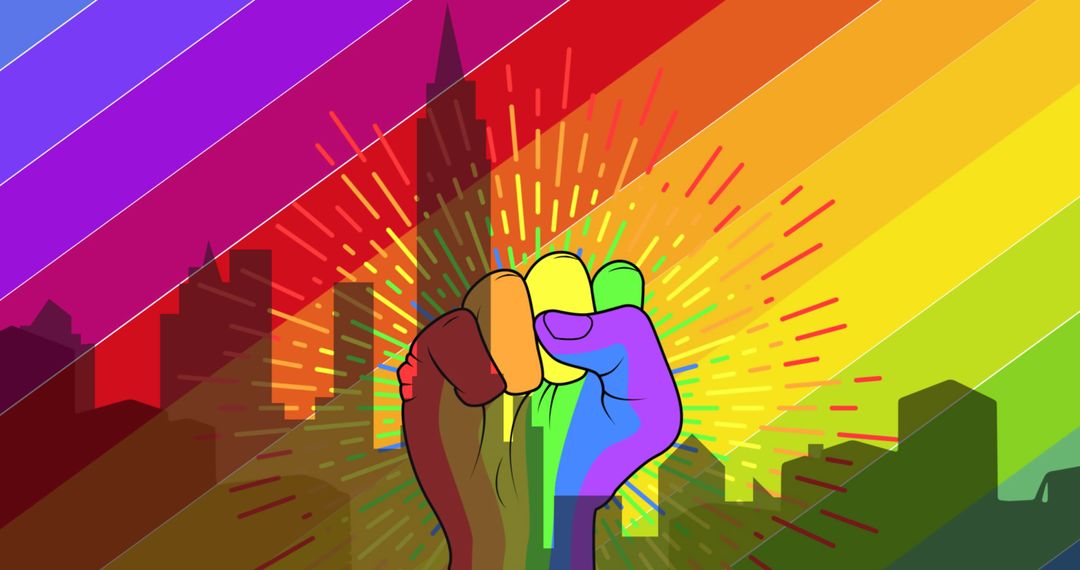 Diverse Fists Uniting Over Vibrant Cityscape with Rainbow Colors