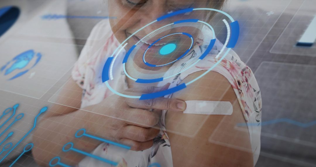 Mature woman pointing vaccination bandage with holographic medical interface overlay