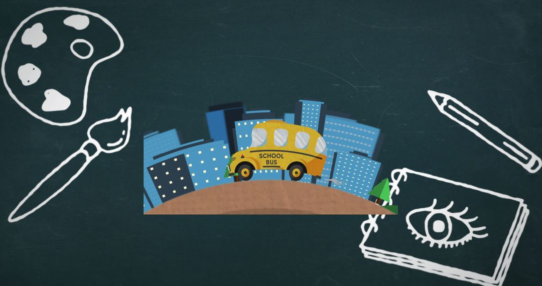 Creative School Bus with Art Icons on Abstract Background