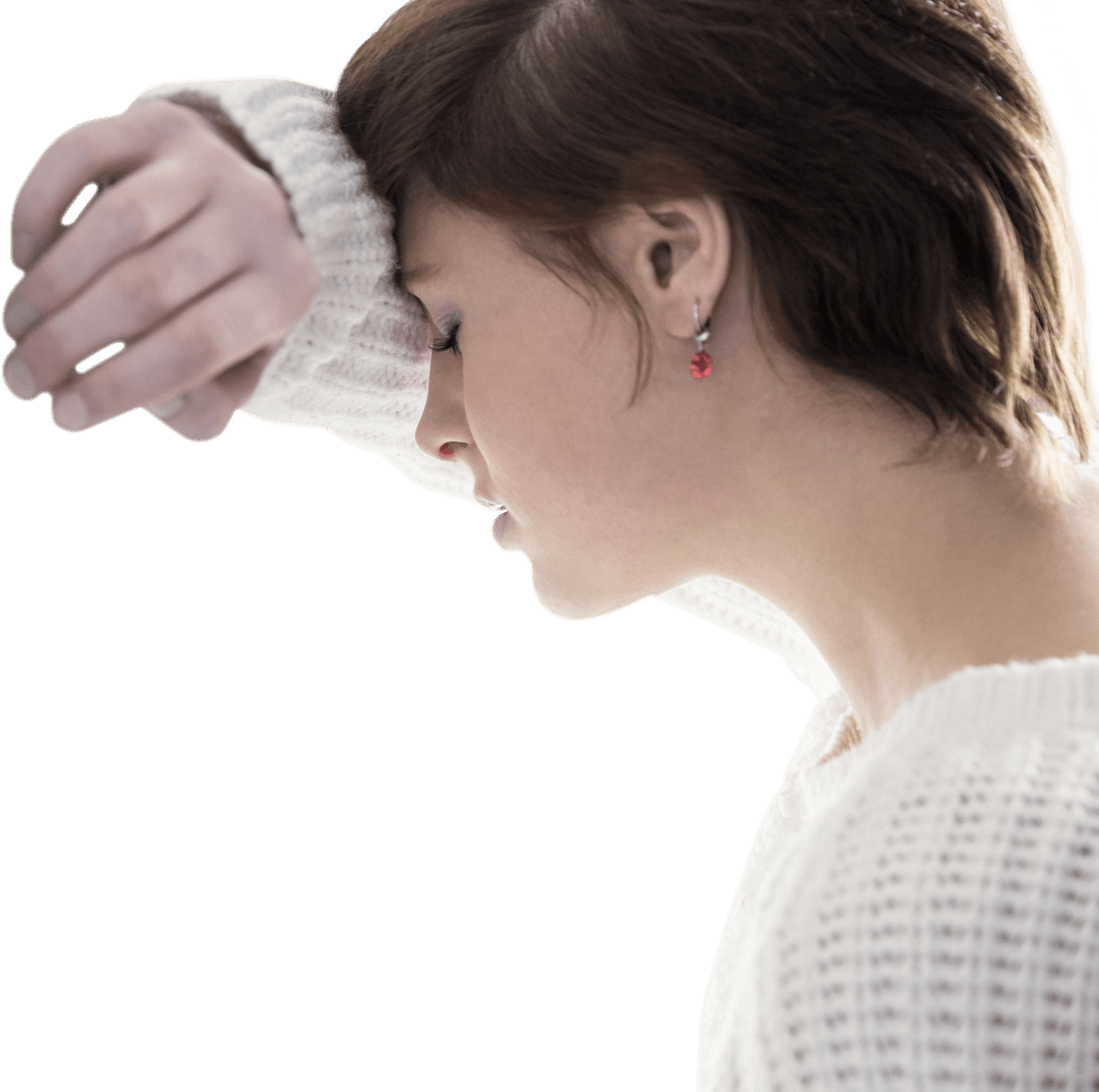 Transparent Side Profile of Pensive Woman Resting Against Wall