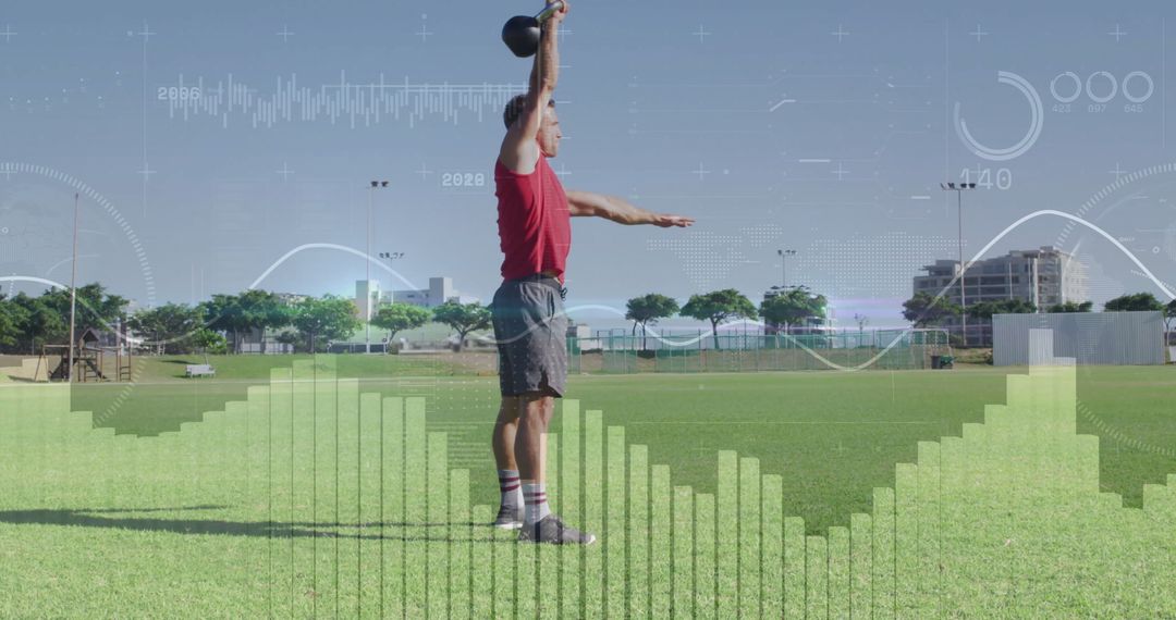 Man Lifting Kettlebell Outdoors Amid Futuristic Data Simulation