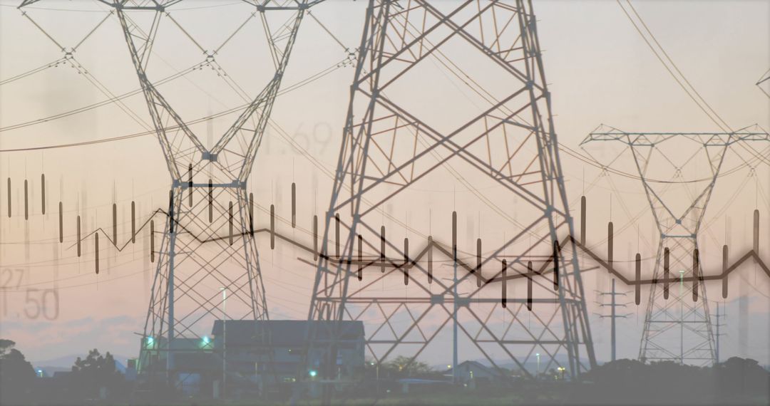 Lattice Power Towers with Financial Chart Overlay at Dusk