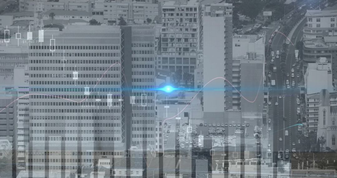 Financial Data Overlay on Urban Cityscape Depicting Global Trade
