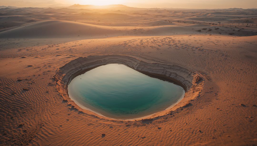Turquoise Crater Pond in Desert Dunes at Sunset