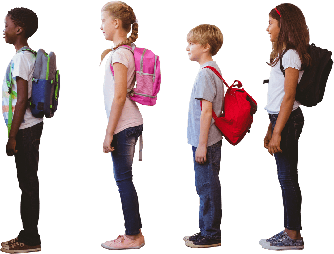 Diverse Schoolchildren Standing with Backpacks Transparent Background