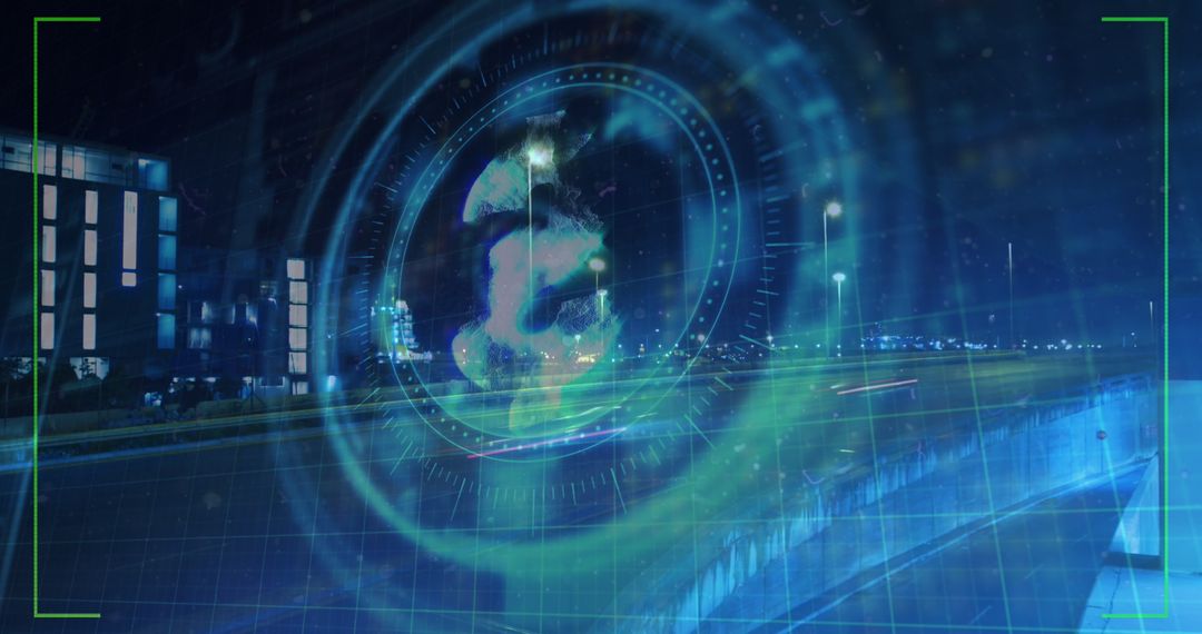 Futuristic Digital Interface Overlay on Night Cityscape