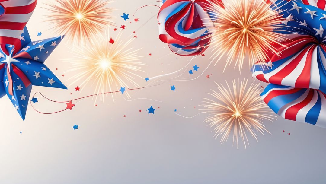 Festive Blue and Red Ribbons with Fireworks and Confetti