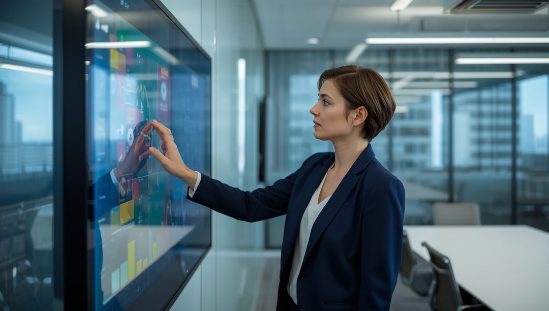 Businesswoman Using Interactive Touchscreen in Modern Office