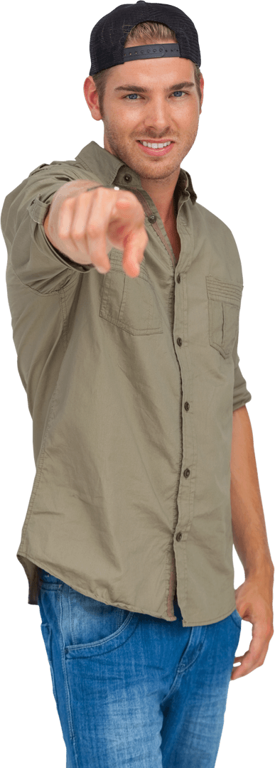 Confident Young Man Wearing Backward Cap Pointing Forward Transparent