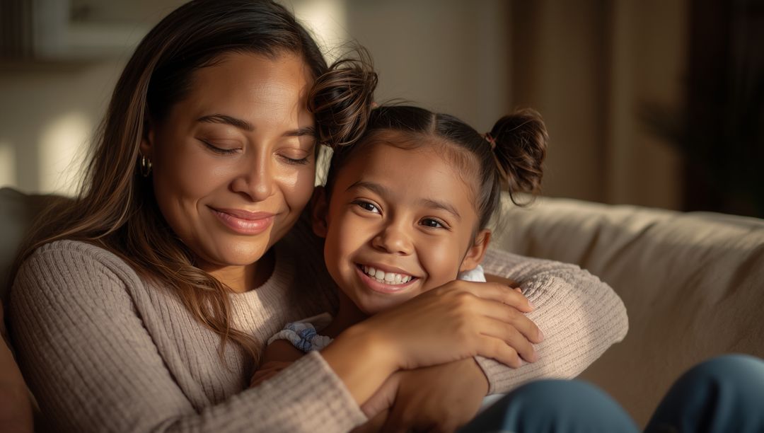 Mother and Daughter Sharing Warm Hug with Smiles at Home