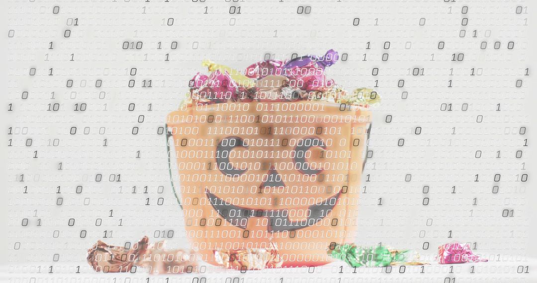 Smiling pumpkin bucket spilling colorful candy with binary code overlay, Halloween concept