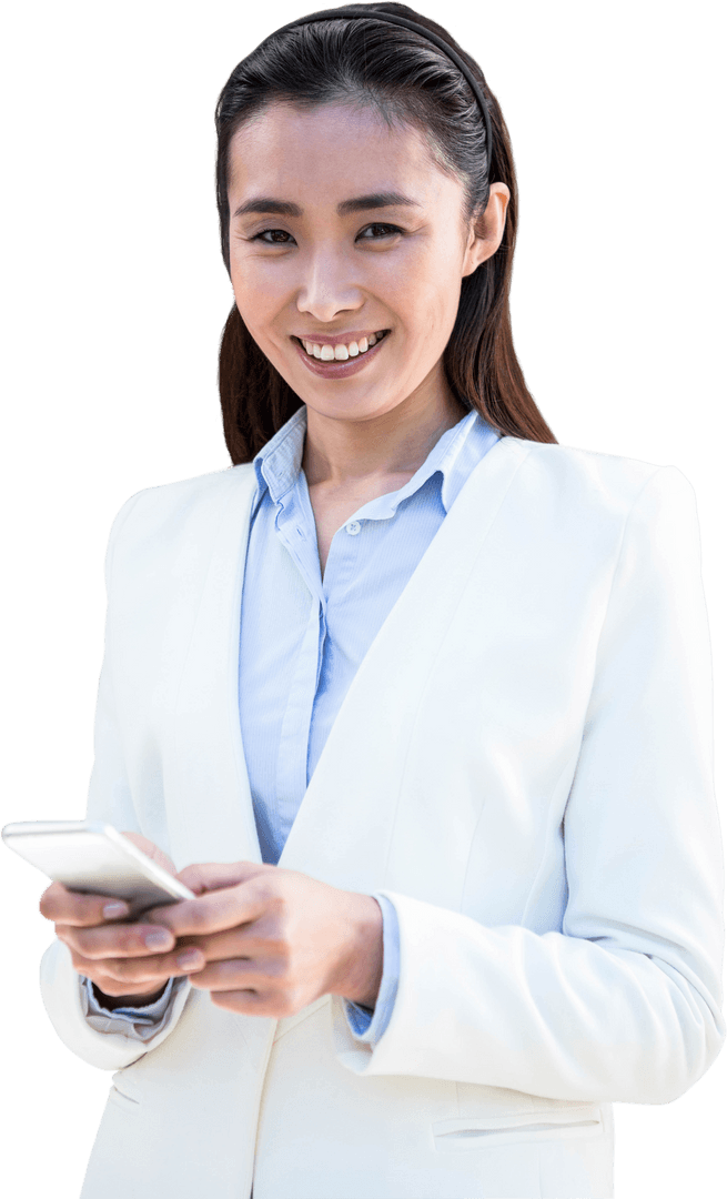 Smiling Asian Businesswoman Using Smartphone Transparent Background