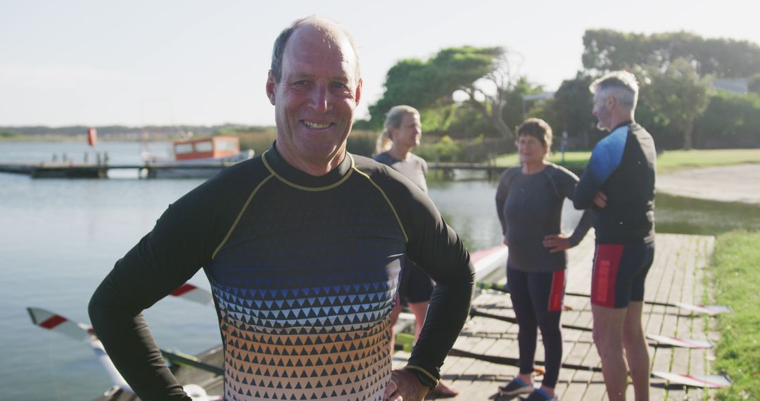 Smiling Senior Man in Sportswear with Rowing Group at Waterfront - Free Images, Stock Photos and Pictures on Pikwizard.com