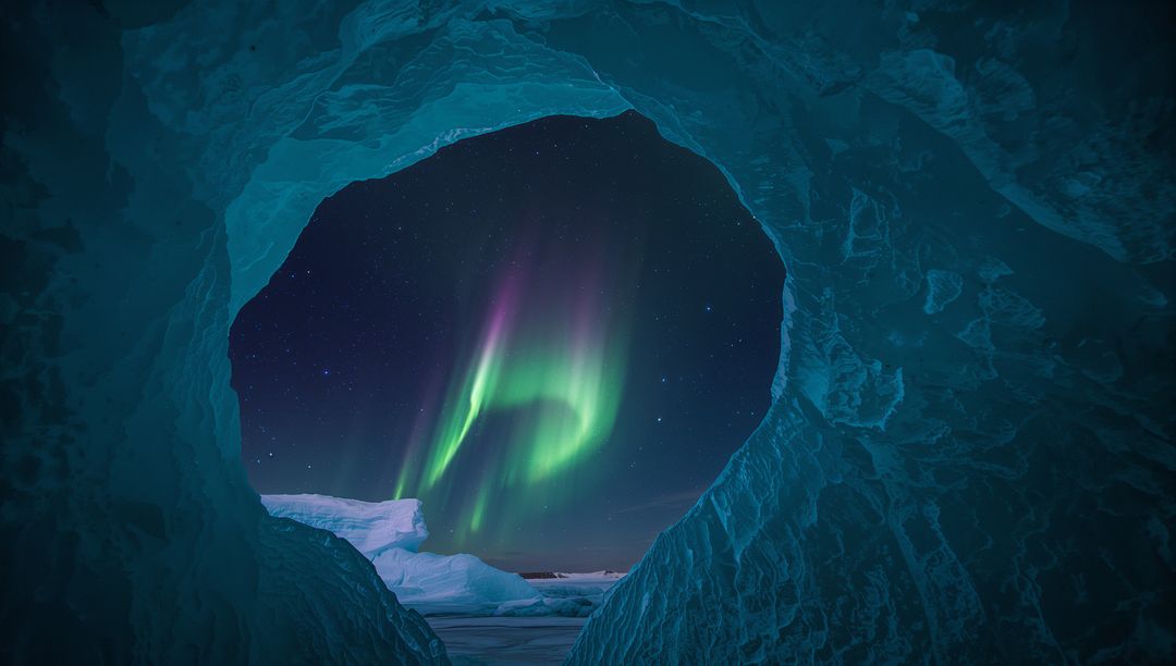 Turquoise Ice Grotto Framing Aurora Borealis Over Iceberg and Pack Ice Nightscape