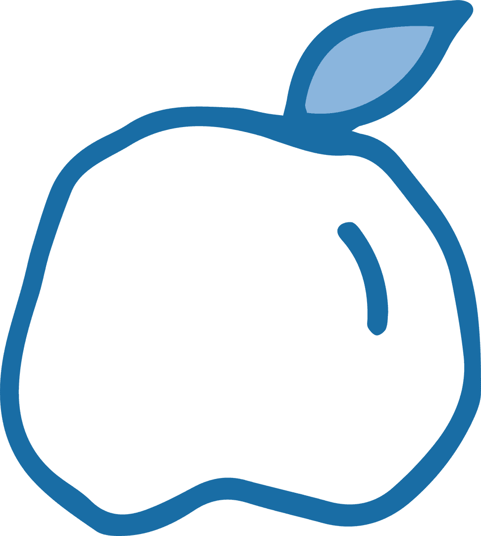 Minimalist Blue Apple Outline with Leaf on Transparent Background