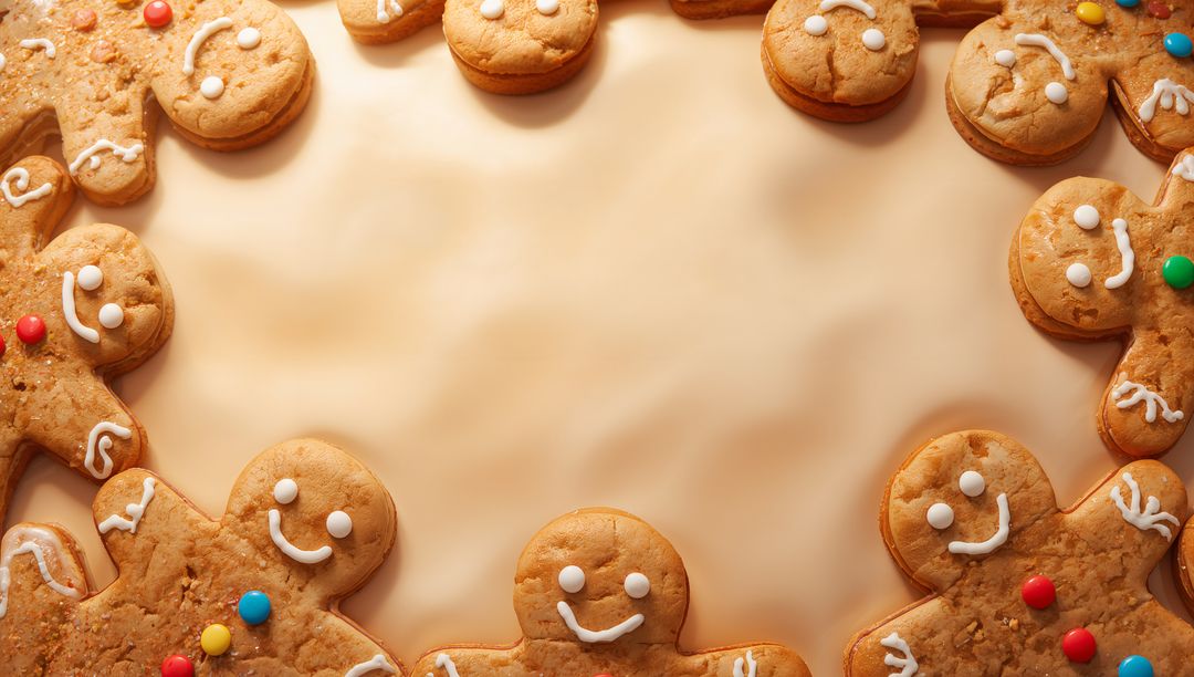 Gingerbread Cookie Border Framing with White Icing and Candy Buttons Festive Background