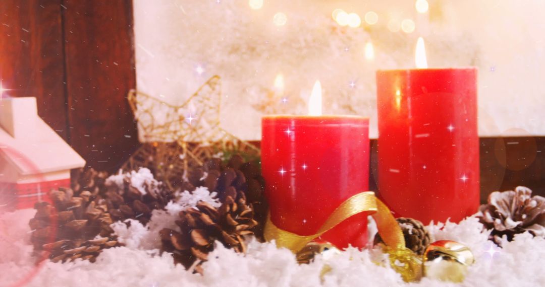 Warm Christmas Decoration With Glowing Candles and Pinecones