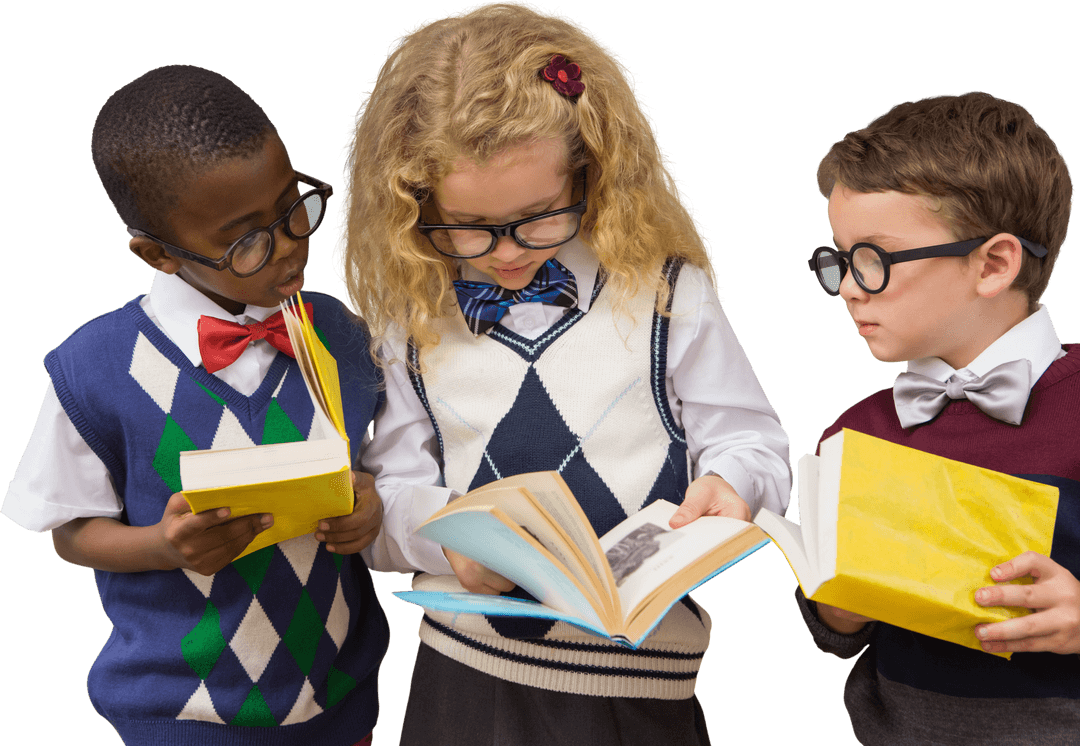 Diverse Kids Engaged in Reading with Transparent Background