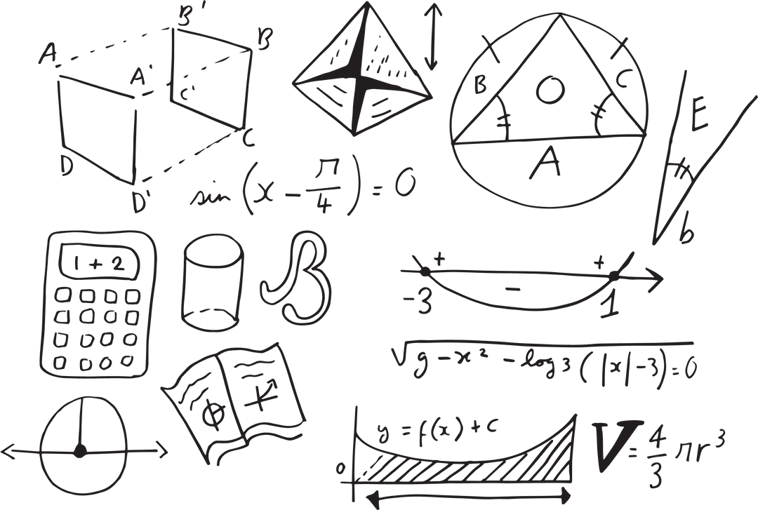 Transparent Math Doodles with Geometric Shapes and Calculator