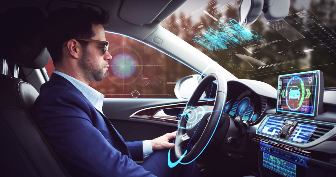 Businessman in Self-Driving Car With Futuristic Interface Displays