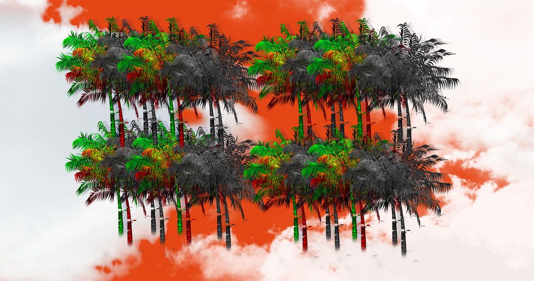 Colorful Distorted Palm Trees with Bright Orange Sky