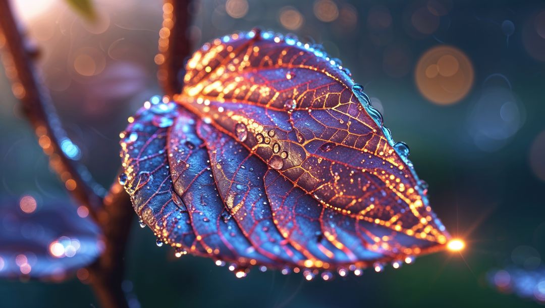 Glowing leaf of the dreaming tree with dewdrops at ethereal dawn