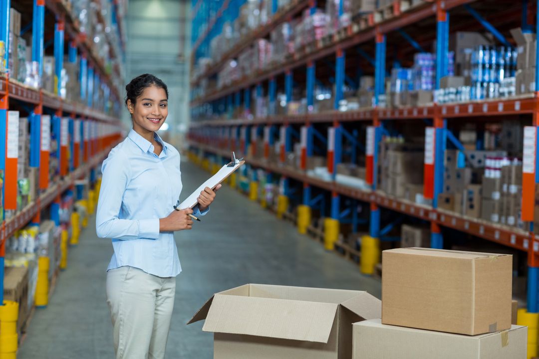 Smiling Warehouse Manager with Clipboard in Industrial Logistic Centre