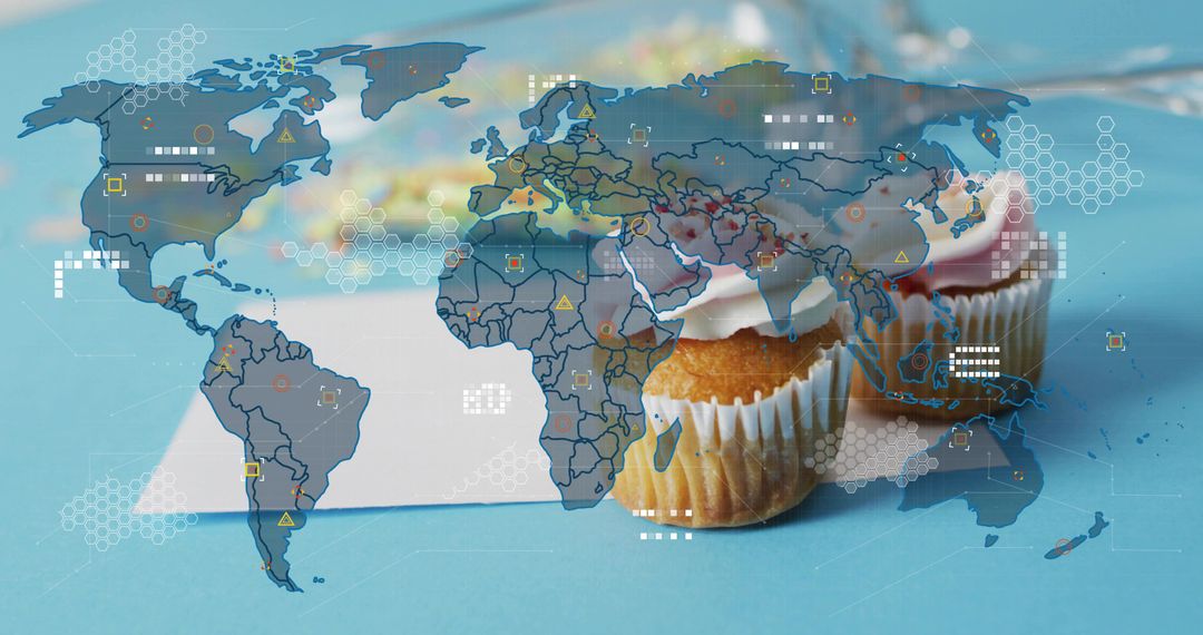 Cupcakes with World Map Overlay for Global Food Concept and Pastel Business Background