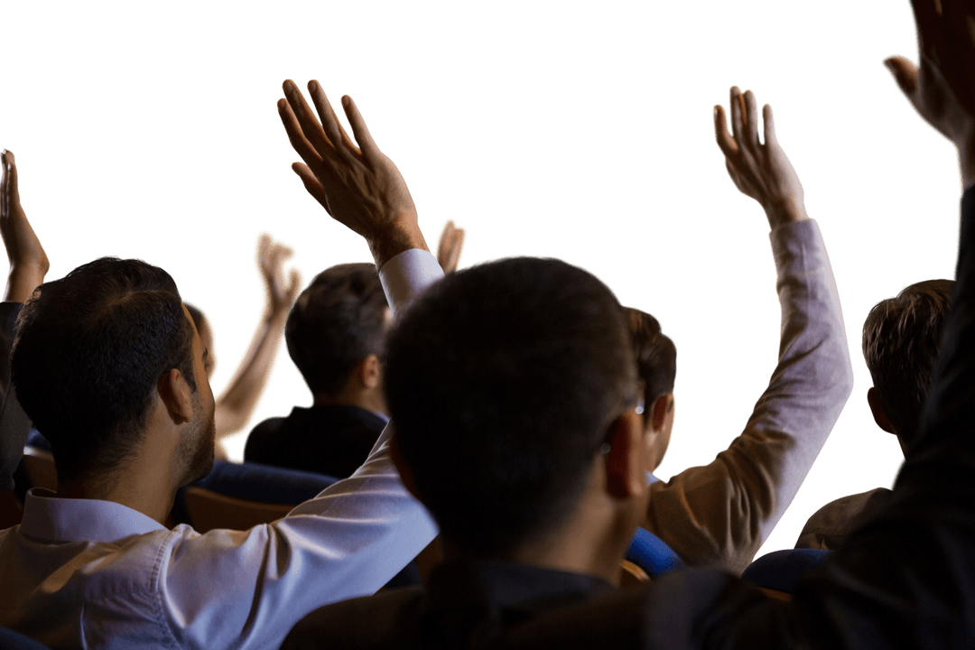 Transparent Audience with Raised Hands at Business Conference