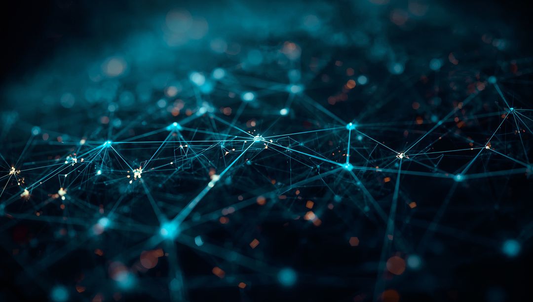 Glowing Cyan Network Nodes with Orange Highlights in Digital Matrix