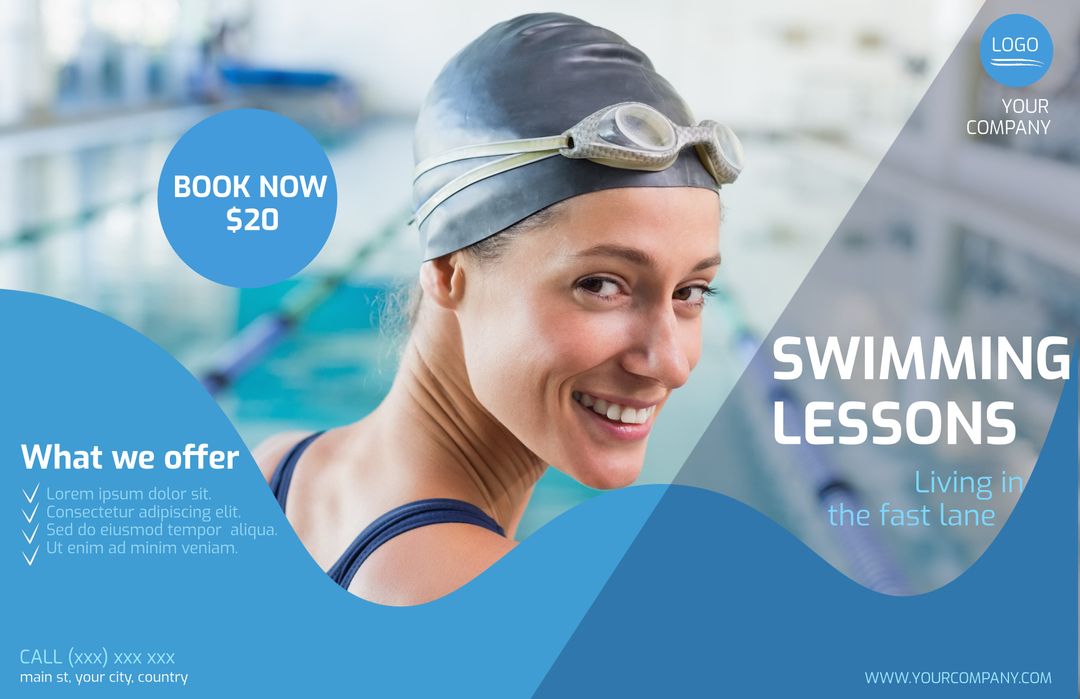 Smiling Female Swimmer Promoting Swimming Lessons with Call to Action - Download Free Stock Templates Pikwizard.com