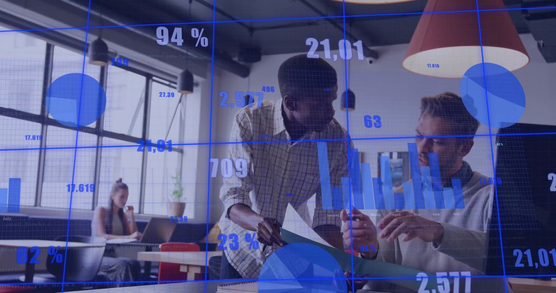 Team Discussing Business Analytics with Data Overlay in Modern Office